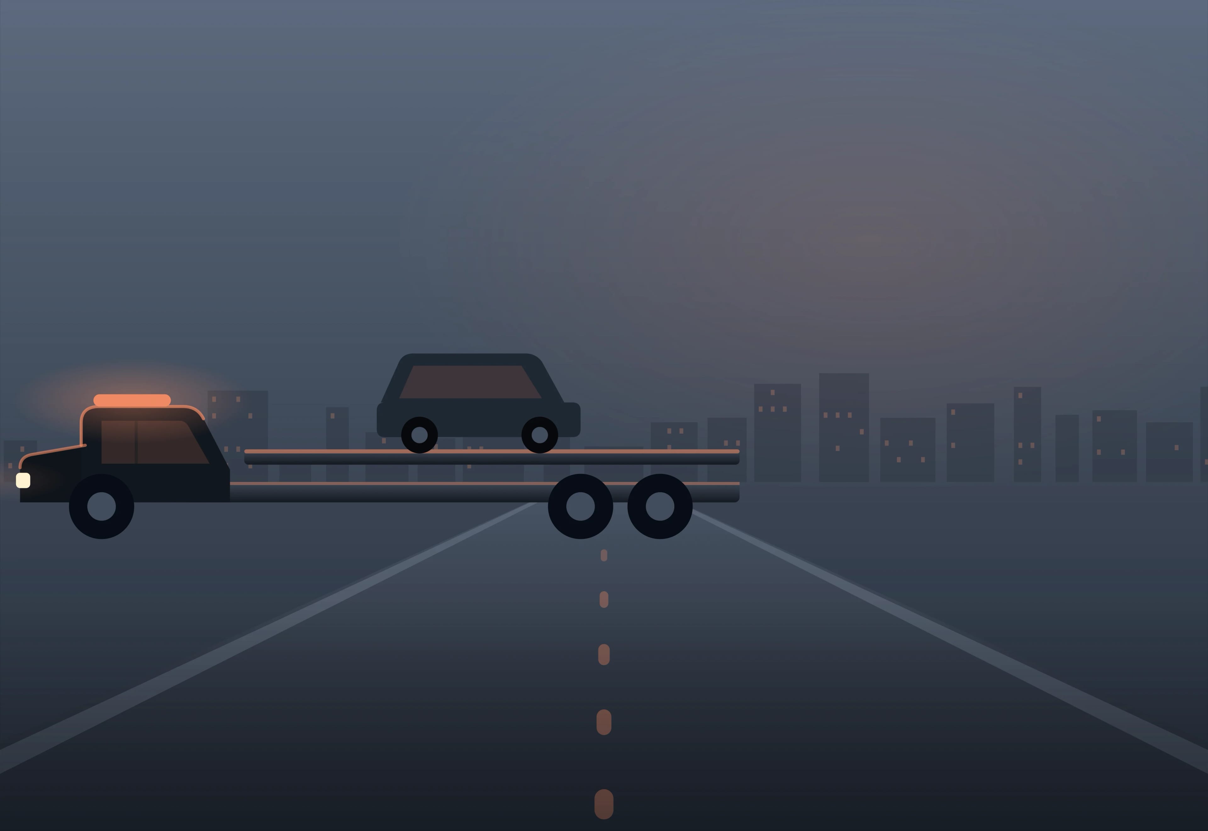 Platformă de tractări auto cu un SUV încărcat, în drum spre service